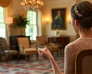 graceful salon elegance, peaceful expression, sipping tea, photorealistic, room adorned with antique furniture, highly detailed, distant conversations, 24-70mm lens, soft pastels, warm incandescent lights, shot with a long-focus lens.